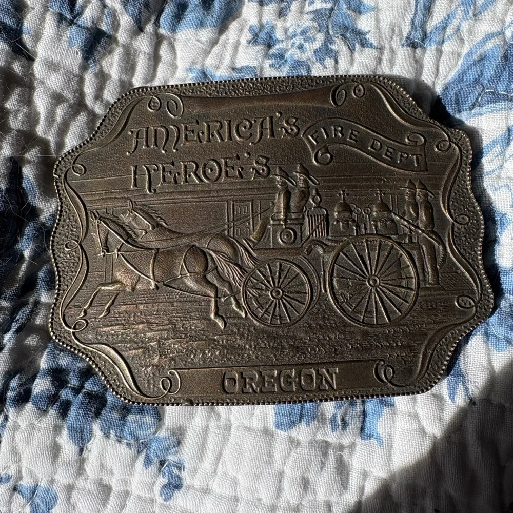 Vintage America's Heroes Oregon Fire Dept Plaque Bronze Belt Buckle